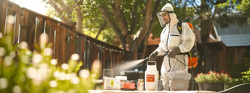 a professional pest control technician wearing safety gear expertly sprays a residential backyard, with clear communication about mosquito control solutions evident through visually informative signs and pamphlets displayed on a nearby table.