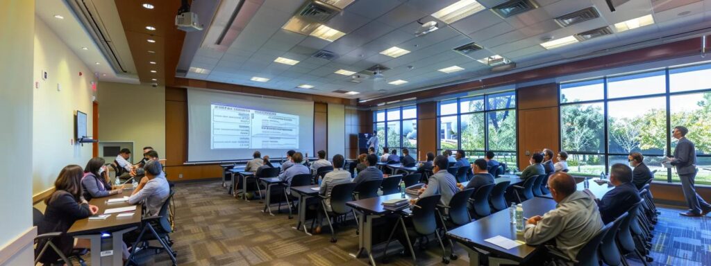 a sleek, modern office conference room filled with engaged professionals reviewing certification documents on a large screen, highlighting stringent industry standards and eco-friendly pest control practices with an air of trust and expertise.