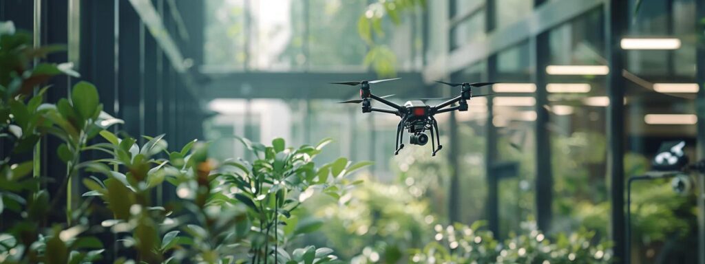 a sleek, modern office equipped with high-tech screens displays real-time data on drone-assisted mosquito spraying and smart sensor monitoring, showcasing advanced pest management technologies in action.