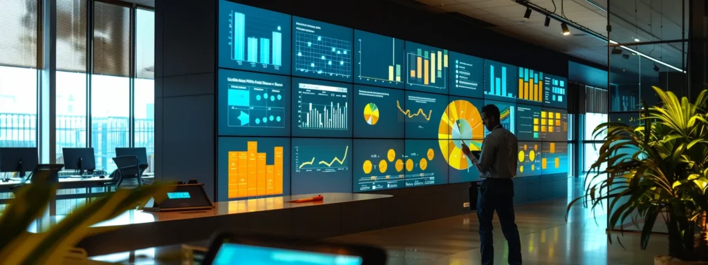 a sleek, modern office space displays a vibrant infographic wall filled with dynamic visuals of various mosquito control treatments, highlighting barrier spraying, growth regulators, and eco-friendly options, while a confident pest control professional analyzes data on a tablet under bright, focused lighting.