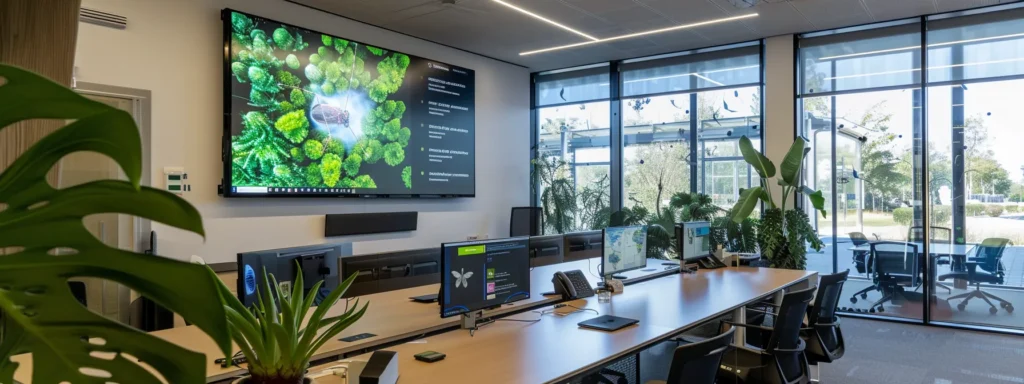 a sleek, modern office workspace displays a large digital screen showcasing a detailed infographic on local mosquito control regulations and best practices, emphasizing responsible pesticide use and community collaboration in pest management.