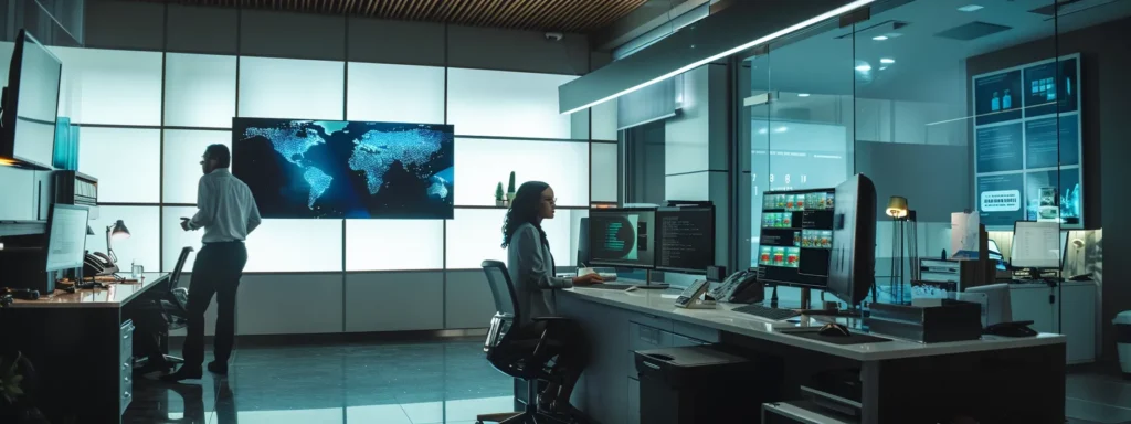a sleek, modern pest control office interior, featuring a professional team engaged in a strategic discussion, surrounded by high-tech equipment and mosquito control product displays, emphasizing local expertise in effective mosquito management solutions.