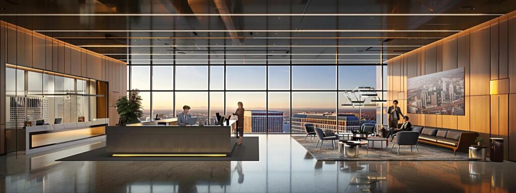 a sleek office environment showcases a confident business professional analyzing customer feedback on a digital tablet, highlighting the positive community testimonials and performance metrics of a pest control company against a backdrop of modern cityscape elements.