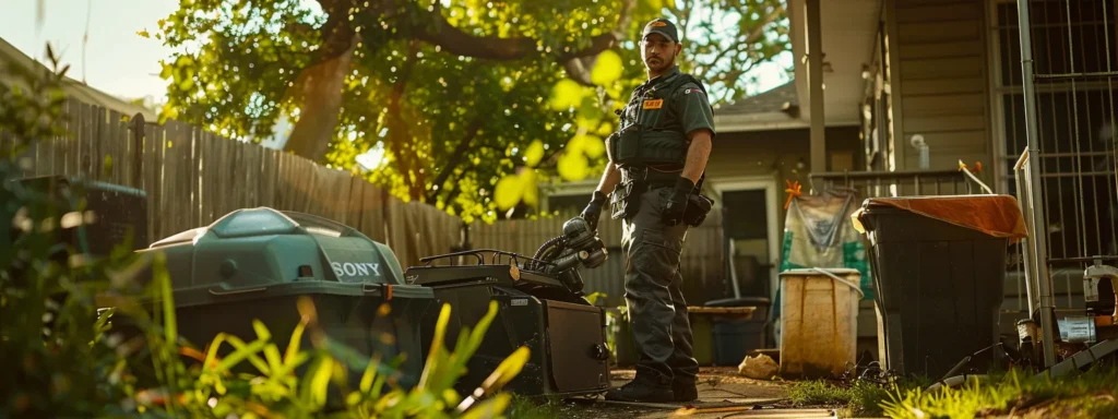 a well-organized urban backyard, meticulously cleared of debris and standing water, showcases a pest control technician preparing equipment for a professional mosquito treatment, emphasizing the importance of proactive property maintenance for effective pest management.