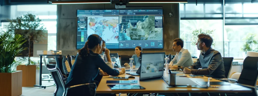 an expertly designed office meeting room showcases a professional pest control team analyzing strategic maps and data on a sleek conference table, highlighting their tailored mosquito control strategies while engaging in a focused discussion.