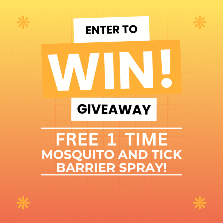 Pro Mosquito Solutions promotional image for a mosquito and tick treatment giveaway, featuring branding and a call to enter for a chance to win pest control services.