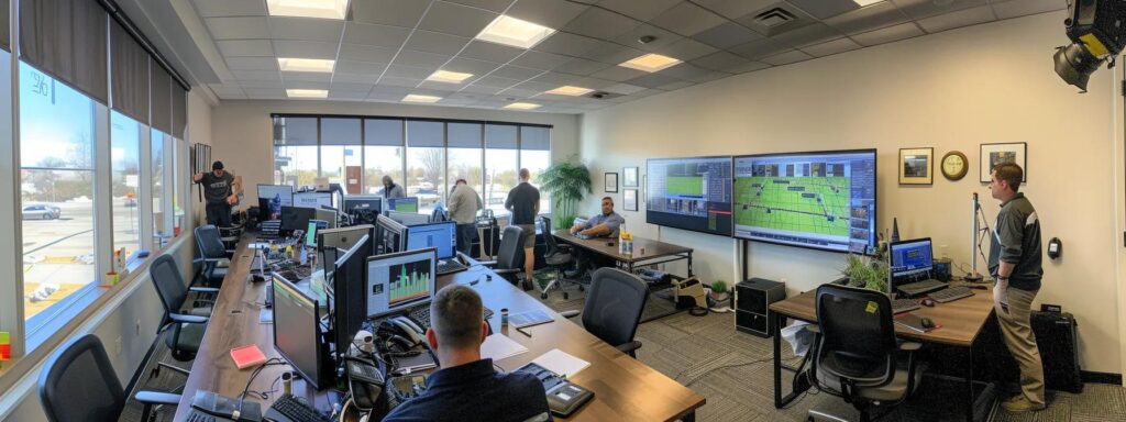 a bustling urban office space is meticulously organized with a team of pest control professionals engaged in a strategic discussion around a high-tech display showcasing mosquito control solutions, emphasizing proactive health safeguards for the community in cranston.