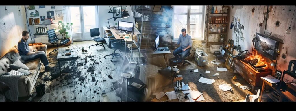 a dynamic split-scene captures a bustling urban office showcasing a professional pest control team in action on one side, while the other depicts a frustrated homeowner attempting ineffective diy pest solutions in a cluttered living room, highlighting the contrast between expertise and amateur efforts.