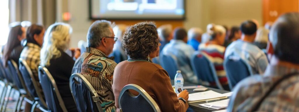 a dynamic urban community workshop in a well-lit conference room, featuring a diverse group of engaged residents listening intently to a pest control expert presenting effective mosquito and tick prevention strategies through an interactive digital display.
