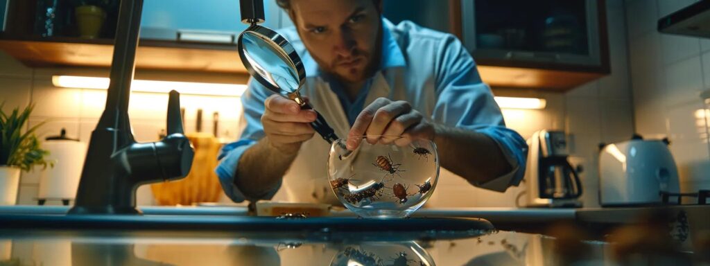 a focused close-up of a pest control technician examining common household pests through a magnifying glass in a modern, well-lit kitchen, showcasing various insects on a clean countertop to emphasize the importance of identification for effective pest management.