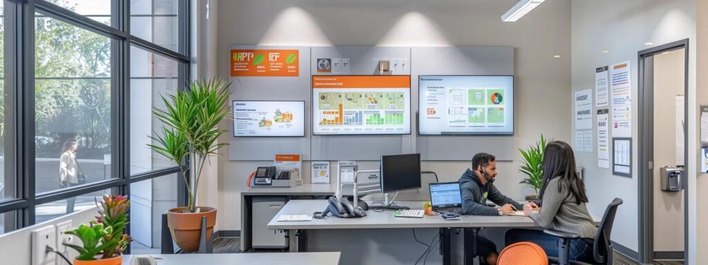 a focused interior shot of a modern pest control office, featuring a professional consultant seated at a sleek desk, engaged in an animated discussion with a homeowner, while colorful informational charts on mosquito management adorn the walls.