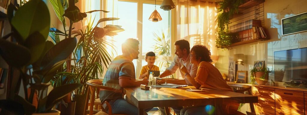 a focused, modern office setting showcases a professional pest control expert discussing mosquito management strategies with a concerned family around a sleek conference table, emphasizing the importance of effective solutions for a safer outdoor environment.