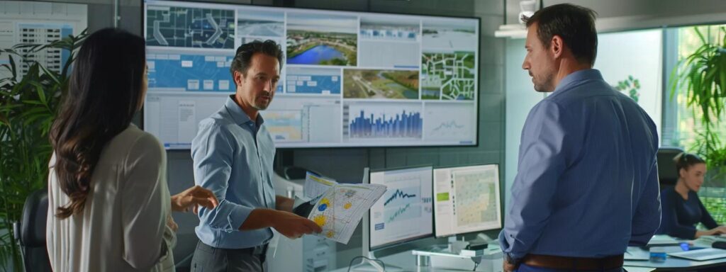 a focused office scene showcases a professional pest control team conducting a thorough assessment of a residential property in cranston, ri, with clear diagrams and maps laid out on the conference table, emphasizing their meticulous step-by-step process for effective mosquito control.