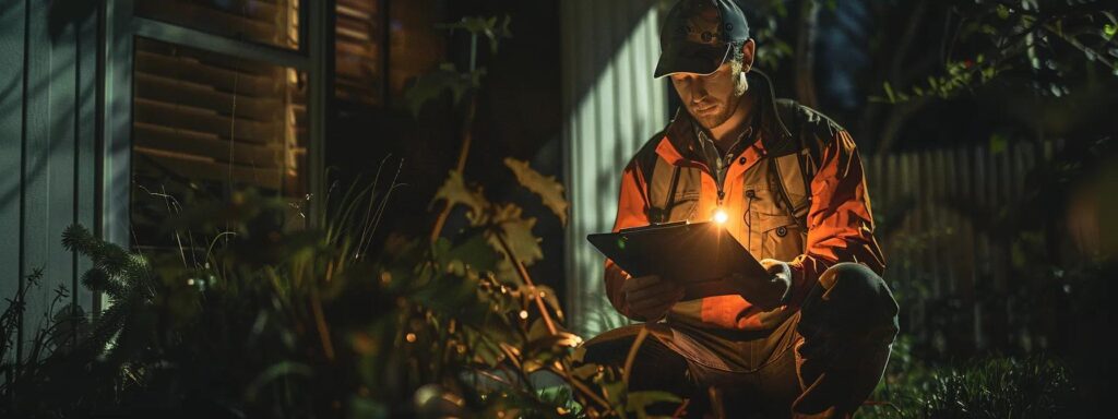 a focused pest control technician inspects a backyard area with a clipboard and flashlight, revealing hidden water sources in dark corners, emphasizing the critical task of identifying mosquito breeding zones for effective eradication.