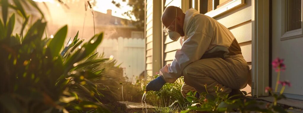 a focused, professional pest control technician in a residential setting applies a precise insecticide treatment around the foundation and soil perimeter of a house, showcasing a structured approach to effective pest management under bright, artificial lighting.