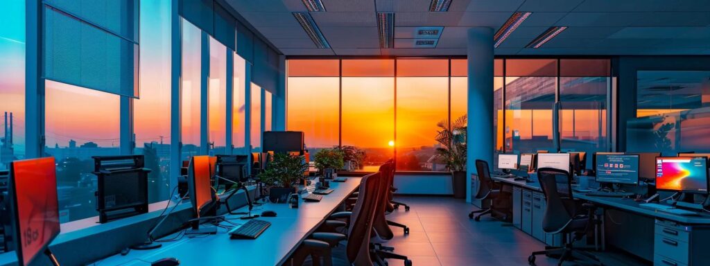 a meticulously arranged office workspace features a large digital display showcasing detailed data on mosquito populations and control strategies, reflecting the urgent focus of a pest control business combating the mosquito challenge in johnston.