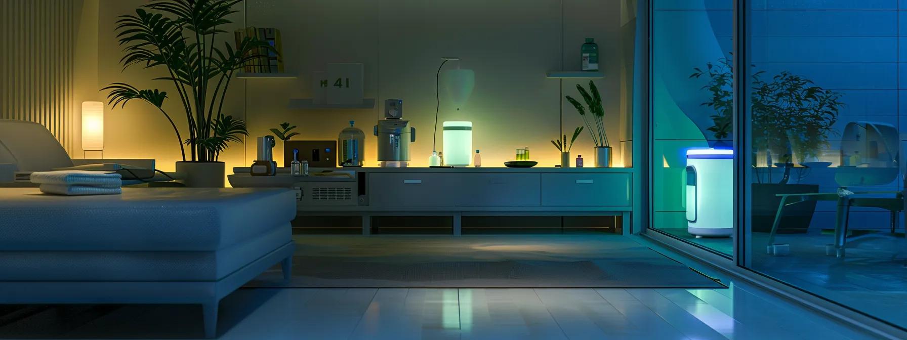 a modern home interior showcases a sleek pest control treatment station, featuring advanced mosquito control equipment and safety gear, highlighting effective solutions for a pest-free living environment.