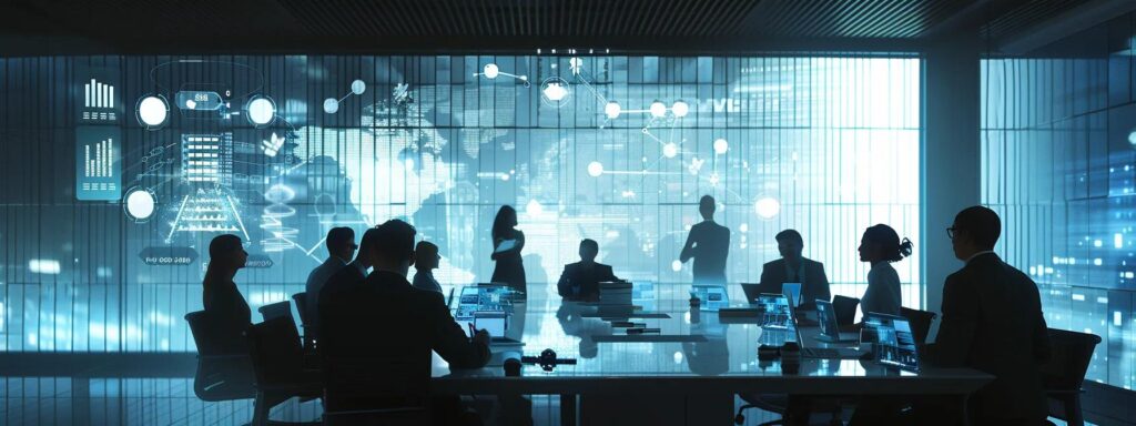 a modern office environment showcases a high-tech pest control strategy meeting, featuring professionals engaged in animated discussions around a sleek table, with digital displays projecting statistics on mosquito-borne diseases and innovative solutions to combat their spread.