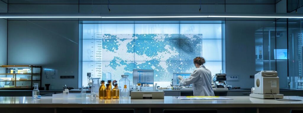 a modern office equipped with high-tech pest control equipment, featuring a large screen displaying data analytics on mosquito populations and their breeding areas, illuminated by sleek overhead lights, while a focused technician studies the information in a bright, professional atmosphere.