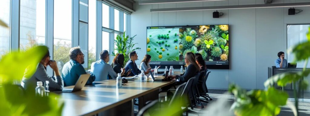 a modern office setting features a sleek presentation of eco-friendly mosquito management strategies, showcasing vibrant visuals of natural repellents and biological control methods on a large screen, with attentive professionals engaged in a sustainability-focused discussion.