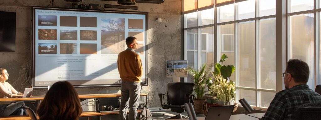 a modern office setting showcasing a focused pest control consultant discussing various mosquito control strategies with a homeowner, highlighted by clear diagrams and digital screens presenting treatment options.