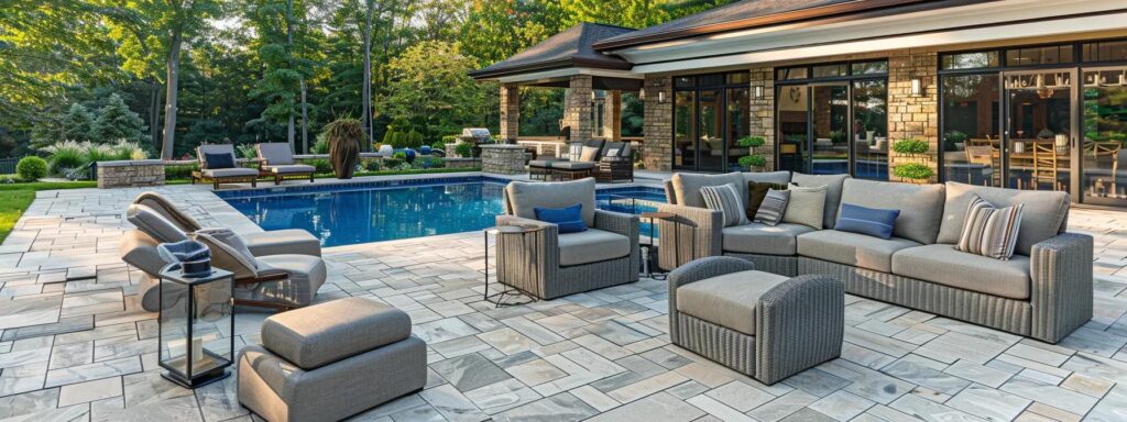a modern outdoor living space featuring a stylish patio with elegant furniture and a sparkling pool, enhanced by discreet mosquito control systems, showcasing a tranquil environment free from pests in a sophisticated urban setting.
