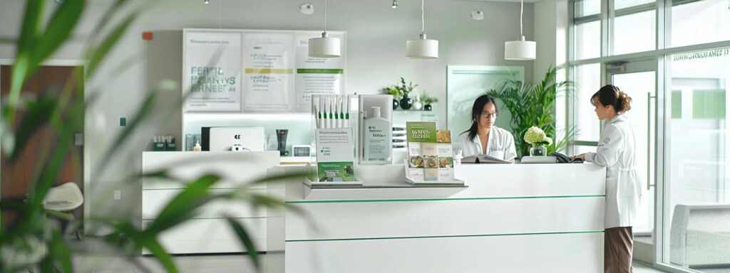 a modern pest control office in cranston, featuring a sleek reception area with pest treatment brochures displayed prominently, while a professional technician consults with a homeowner in the background, emphasizing expert guidance and eco-friendly pest management strategies in a clean, well-lit setting.
