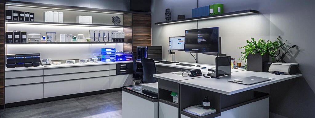 a modern pest control office, featuring a sleek desk with an array of integrated pest management tools and resources, illuminated by bright overhead lights, reflects a dynamic and professional environment where homeowners receive tailored pest control solutions.