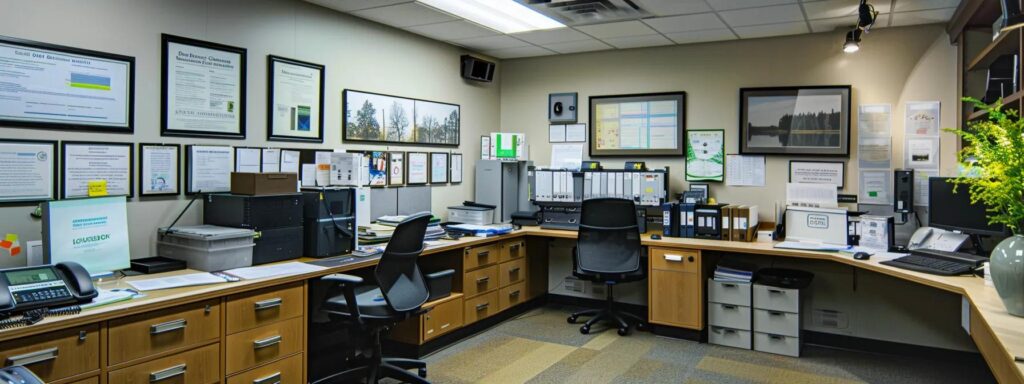 a modern pest control office, featuring a sleek, well-organized workspace with advanced mosquito control equipment on display, surrounded by certificates and customer testimonials highlighting the expertise and reliability of professional services.
