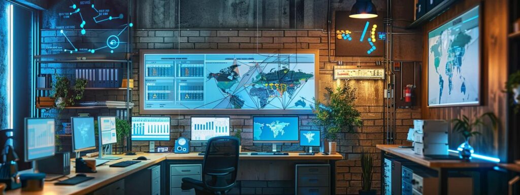a modern pest control office displays an array of professional equipment and charts highlighting mosquito management strategies, with a confident team engaged in a discussion about effective long-term control methods, illuminated by focused overhead lighting.
