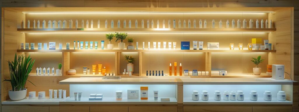 a modern pest control office featuring a sleek display of various foundation spray products, each labeled with their active ingredients and benefits, illuminated by bright, focused lighting to emphasize their effectiveness against ants and other pests.
