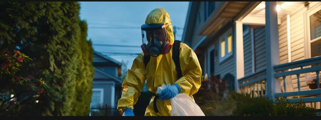 a modern pest control technician in protective gear expertly operates a high-tech mosquito treatment device in a suburban cranston, ri backyard, showcasing advanced techniques in a clean, urban residential environment.