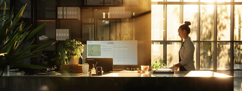 a modern, sleek office environment features a confident pest control professional demonstrating the effective application of foundation insect sprays, with a large digital display outlining key safety practices and differentiating insecticide types.