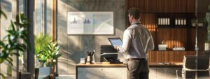 a modern, sleek office space showcases a pest control technician confidently inspecting a home environment, with advanced tools and a digital tablet prominently displayed on a professional desk, highlighting effective pest control solutions.