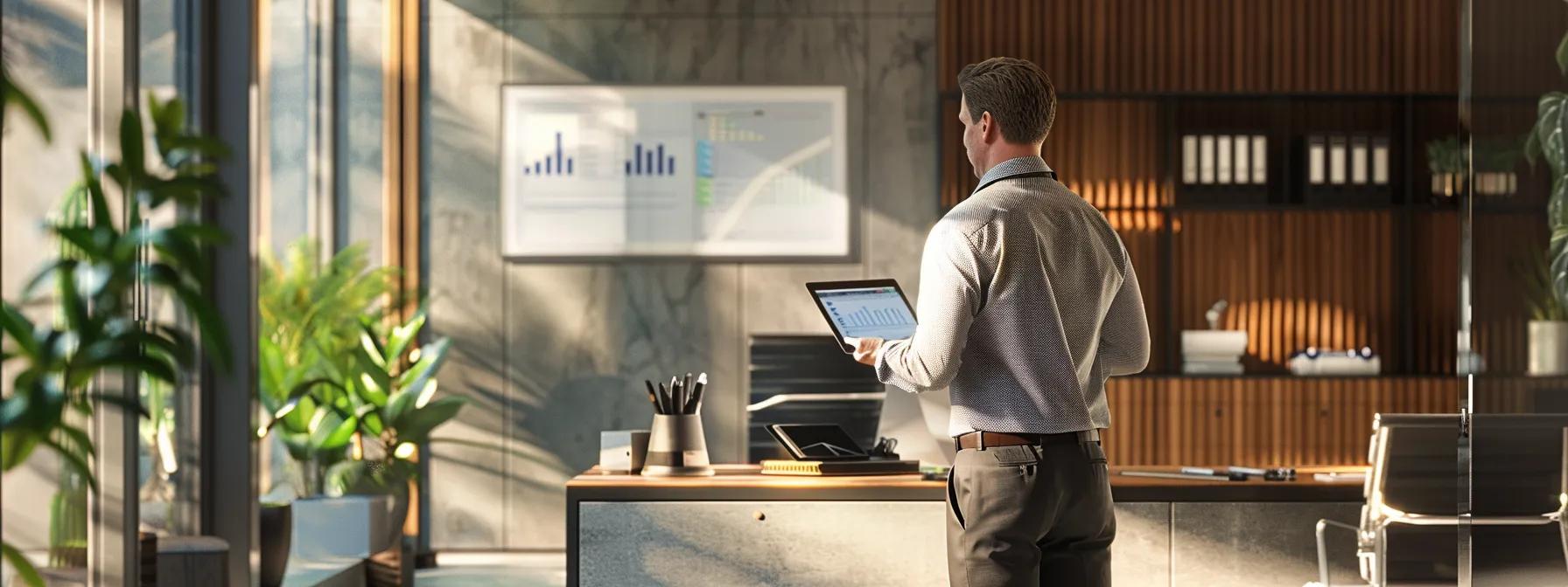 a modern, sleek office space showcases a pest control technician confidently inspecting a home environment, with advanced tools and a digital tablet prominently displayed on a professional desk, highlighting effective pest control solutions.