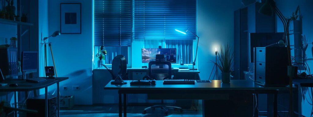 a modern, sleek pest control office with a vibrant, organized workspace featuring cutting-edge technology, showcasing a professional team engaged in strategic planning to tackle pest management challenges.