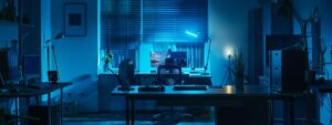 a modern, sleek pest control office with a vibrant, organized workspace featuring cutting-edge technology, showcasing a professional team engaged in strategic planning to tackle pest management challenges.