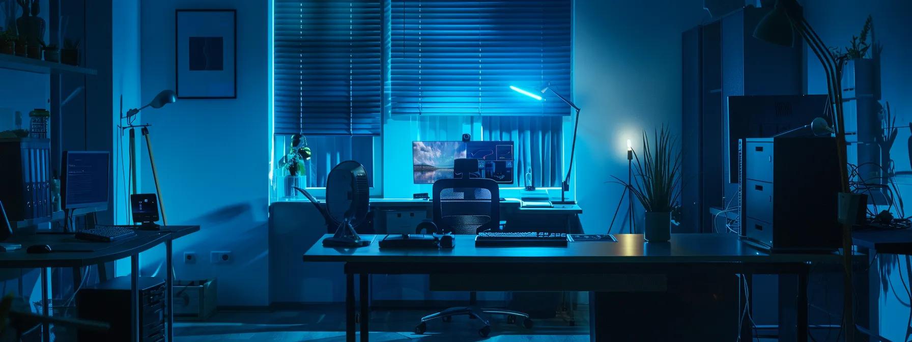 a modern, sleek pest control office with a vibrant, organized workspace featuring cutting-edge technology, showcasing a professional team engaged in strategic planning to tackle pest management challenges.