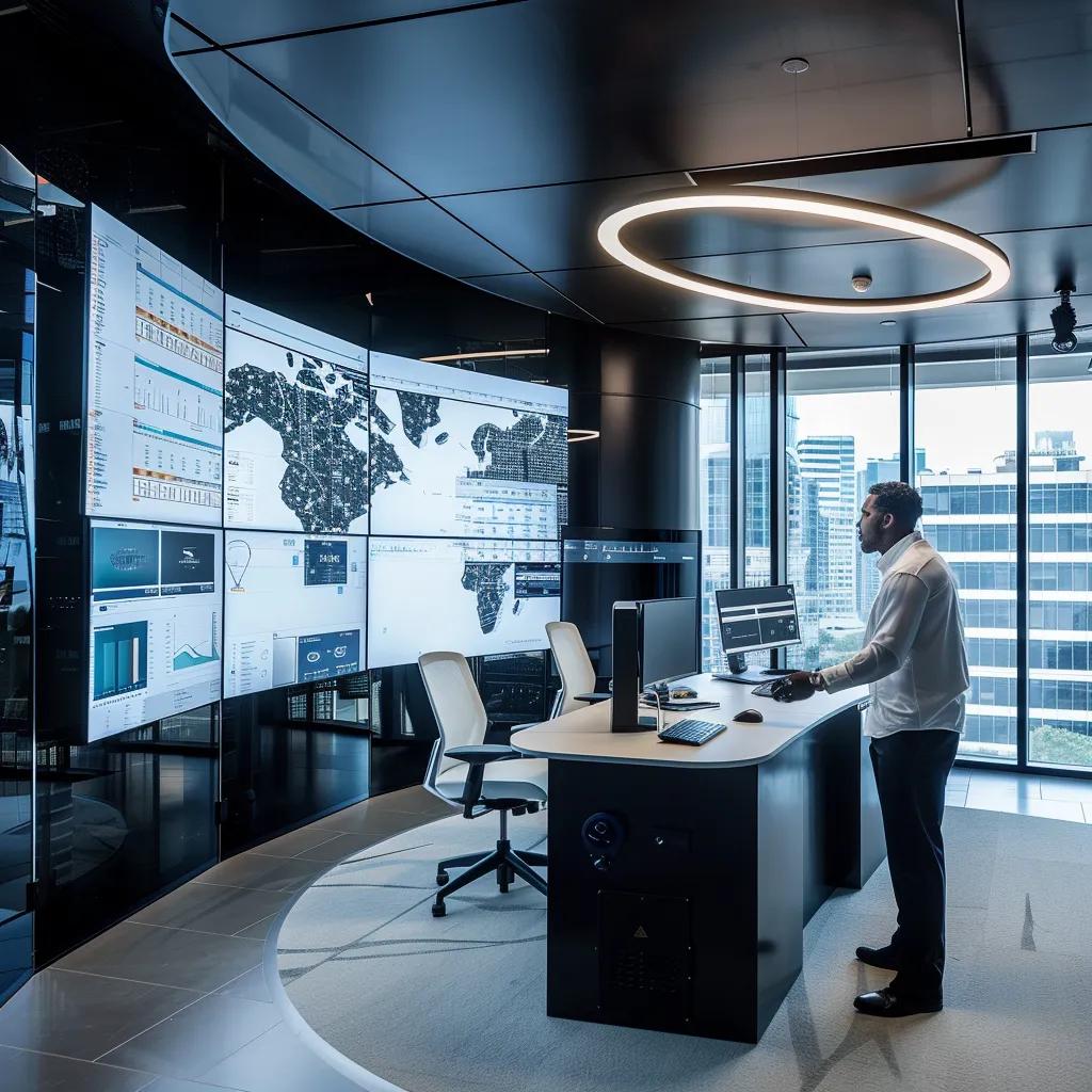 a modern urban office space features a confident technician demonstrating advanced mosquito control technology, surrounded by sleek equipment and digital displays, symbolizing peace of mind in pest management.
