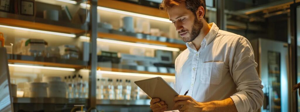 a modern, well-lit office space features a pest control technician analyzing a detailed pest management plan on a sleek tablet while surrounded by organized equipment, emphasizing the holistic approach to foundation pest control strategies.