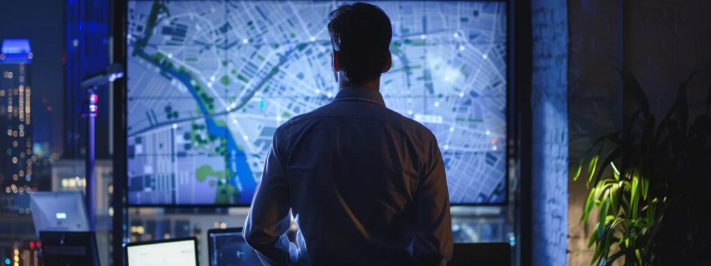 a professional pest control technician in a sleek, modern office is analyzing a detailed map of cranston, pinpointing areas for tailored mosquito control strategies with high-tech equipment and interactive digital displays illuminating the diverse urban landscapes.