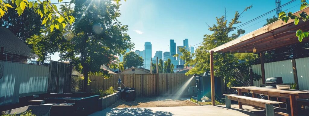 a professional pest control expert demonstrates advanced mosquito treatment techniques in a modern urban backyard, featuring precise application of barrier sprays and meticulous identification of breeding grounds, all under a clear blue sky with sleek urban structures in the background, highlighting effective control strategies.