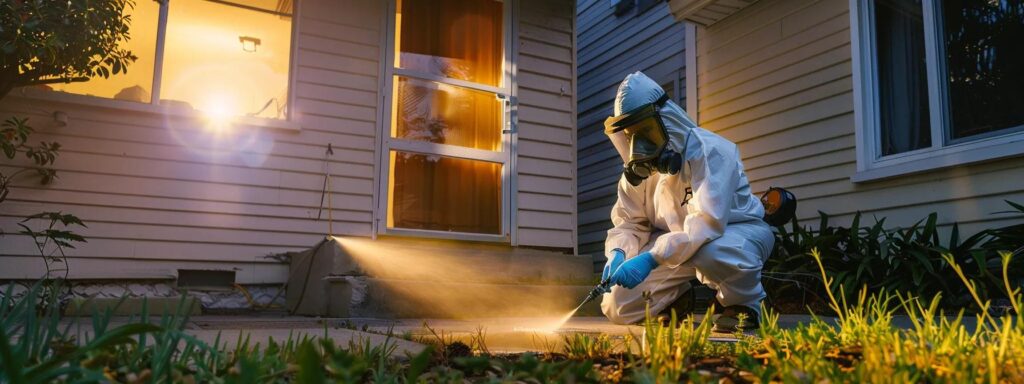 a professional pest control technician attentively applies foundation insect spray to a home's exterior, surrounded by an urban residential setting with visible signs of seasonal pest activity, highlighting the importance of timing and frequency in pest prevention.