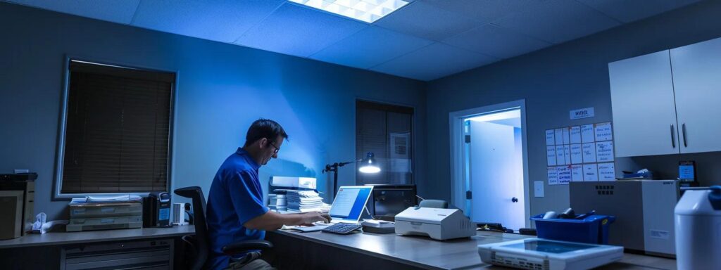 a professional pest control technician in a sleek office environment, meticulously reviewing pest control service contracts and customer testimonials on a digital tablet, illuminated by focused overhead lighting to emphasize the importance of thorough research in selecting a dependable provider.