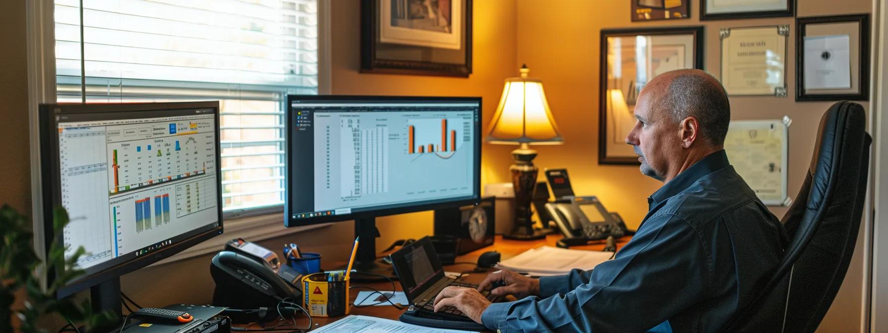 a professional pest control technician in a well-organized home office, reviewing detailed reports and treatment plans for effective tick control solutions, with modern devices and clear charts in the background.
