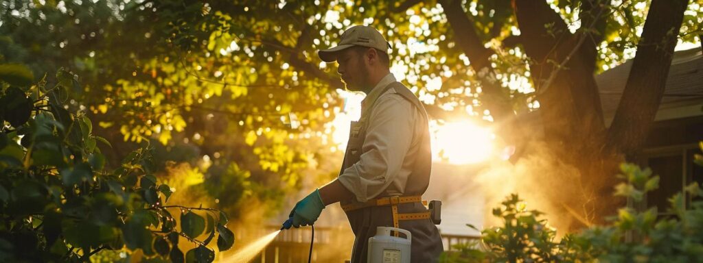 a professional pest control technician in a pristine urban backyard inspects and applies eco-friendly mosquito treatment while discussing safety measures, with equipment neatly arranged around them under a clear, bright sky.