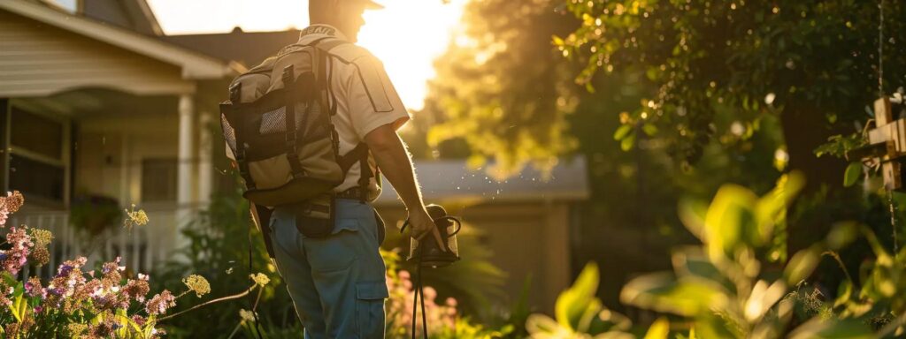 a professional pest control technician inspects a well-maintained backyard equipped with strategically placed mosquito traps and clear signs of preventive measures, highlighting the commitment to long-term mosquito relief in a suburban setting.
