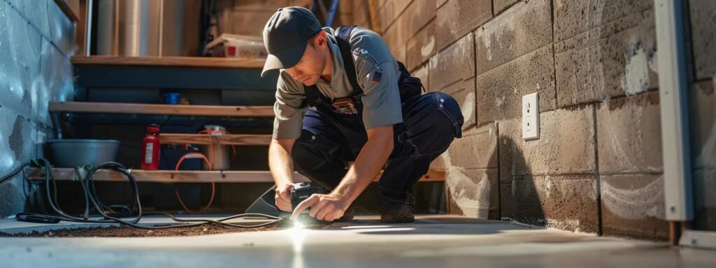 a professional pest control technician inspects a residential foundation with advanced equipment, showcasing a focused and analytical approach to identifying pest entry points in a well-lit, modern basement setting.