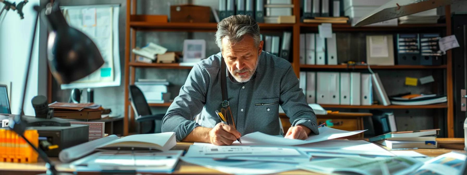 a professional pest control technician in a neatly organized urban office, focused on a detailed foundation inspection report while surrounded by high-tech pest control equipment and strategy blueprints for perimeter pest management.