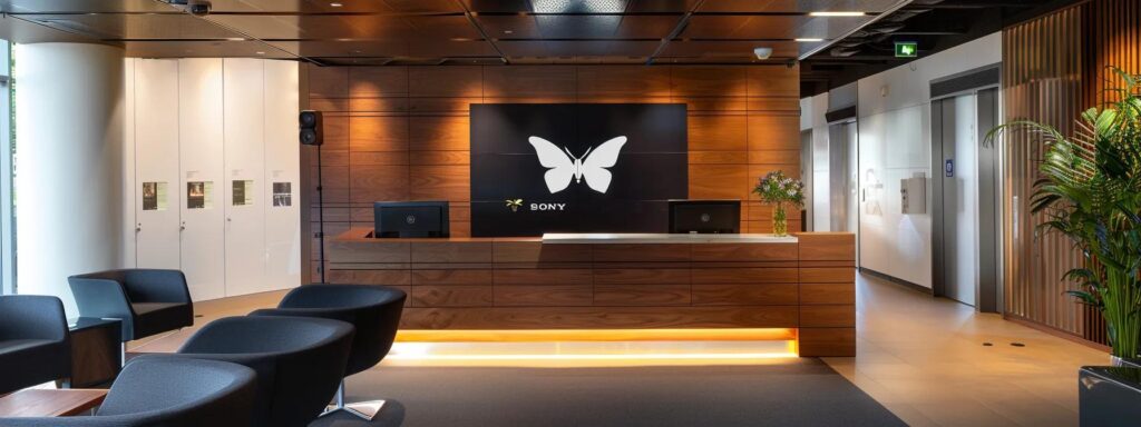 a sleek, modern office reception area showcases a professional logo of a mosquito control service prominently displayed, with a stylish brochure rack featuring detailed service information against a backdrop of polished wood and contemporary furnishings.